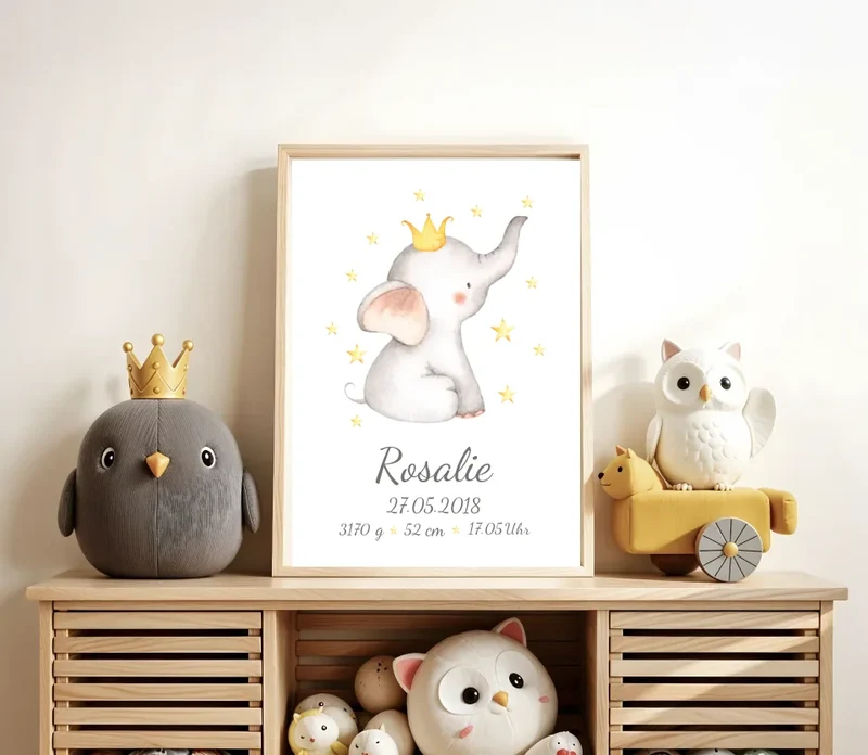 Personalisiertes Babyposter Geburtsanzeige Mädchen Baby Elefant / Junge Geschenk Geburt / Taufgeschenk