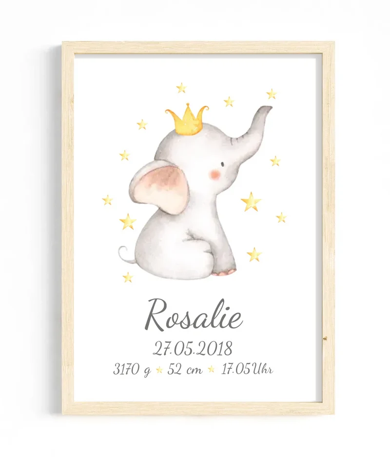 Personalisiertes Babyposter Geburtsanzeige Mädchen Baby Elefant / Junge Geschenk Geburt / Taufgeschenk