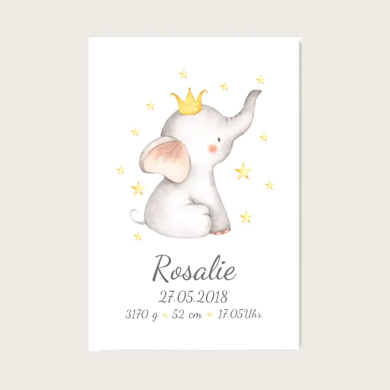 Personalisiertes Babyposter Geburtsanzeige Mädchen Baby Elefant / Junge Geschenk Geburt / Taufgeschenk