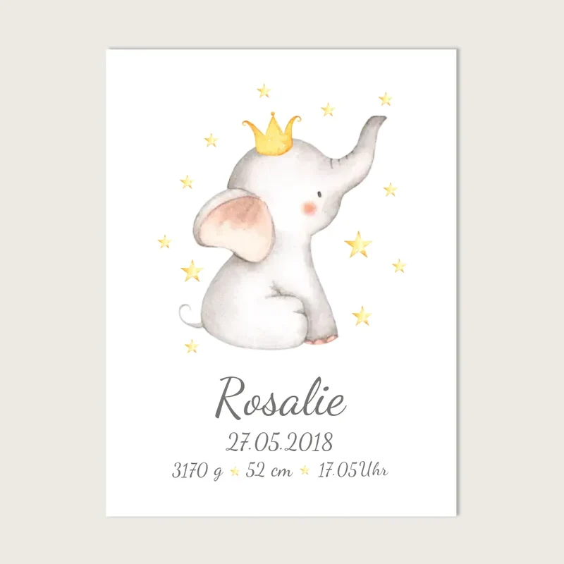 Personalisiertes Babyposter Geburtsanzeige Mädchen Baby Elefant / Junge Geschenk Geburt / Taufgeschenk