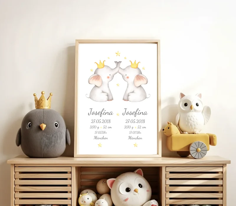 Personalisierte Geburtsanzeige Zwillinge mit Namen & Geburtsdaten, Geschenk Geburt / Taufgeschenk