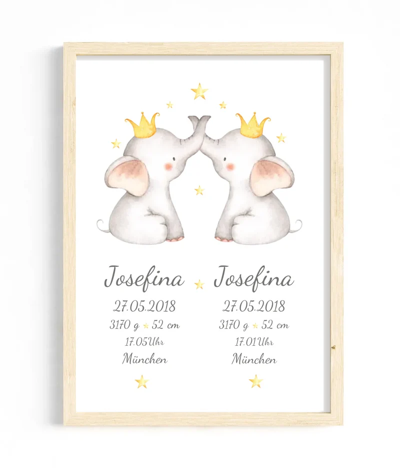 Personalisierte Geburtsanzeige Zwillinge mit Namen & Geburtsdaten, Geschenk Geburt / Taufgeschenk