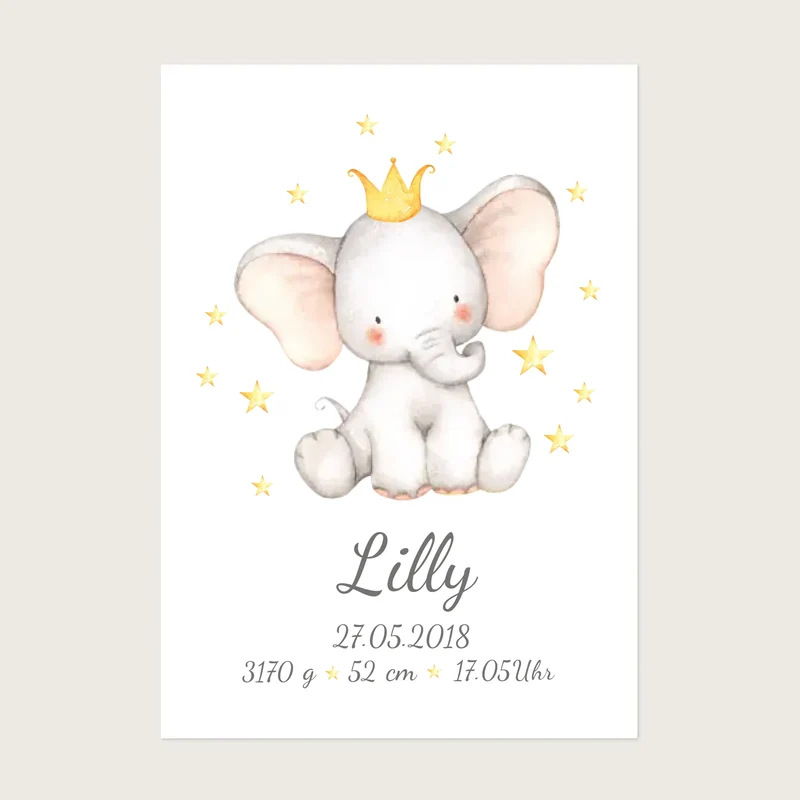 Personalisierte Geburtsanzeige Elefant mit Namen & Geburtsdaten, Geschenk Geburt / Taufgeschenk