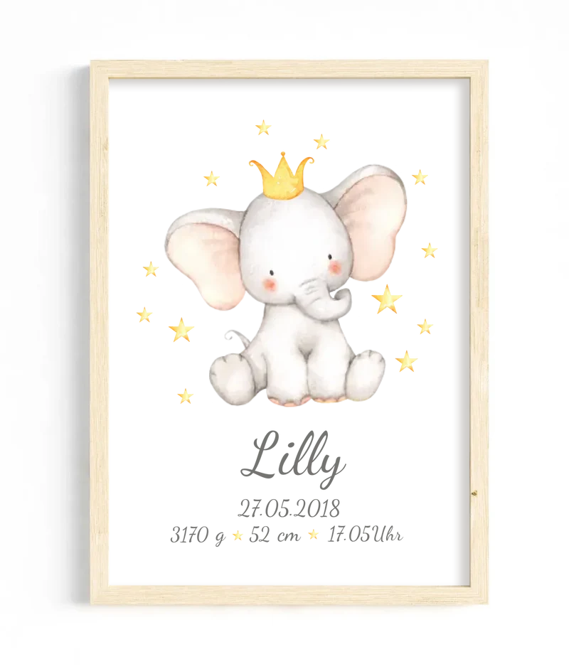 Personalisierte Geburtsanzeige Elefant mit Namen & Geburtsdaten, Geschenk Geburt / Taufgeschenk