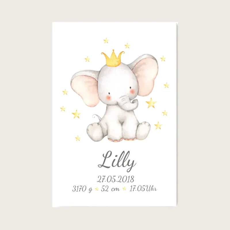 Personalisierte Geburtsanzeige Elefant mit Namen & Geburtsdaten, Geschenk Geburt / Taufgeschenk