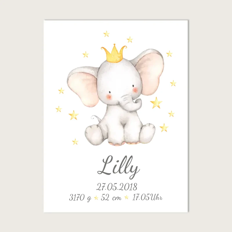 Personalisierte Geburtsanzeige Elefant mit Namen & Geburtsdaten, Geschenk Geburt / Taufgeschenk