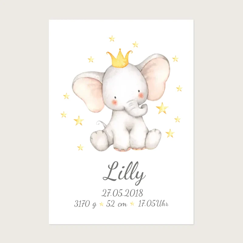 Personalisierte Geburtsanzeige Elefant mit Namen & Geburtsdaten, Geschenk Geburt / Taufgeschenk