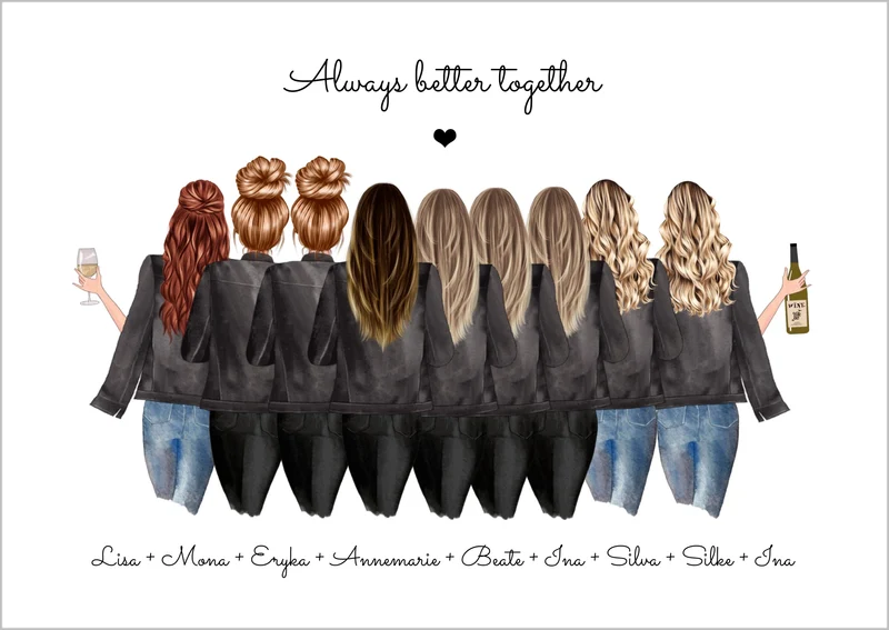 9 Freundinnen Poster individuell Bild Geschenk mit Namen personalisieren - Geburtstagsgeschenk & Weihnachtsgeschenk