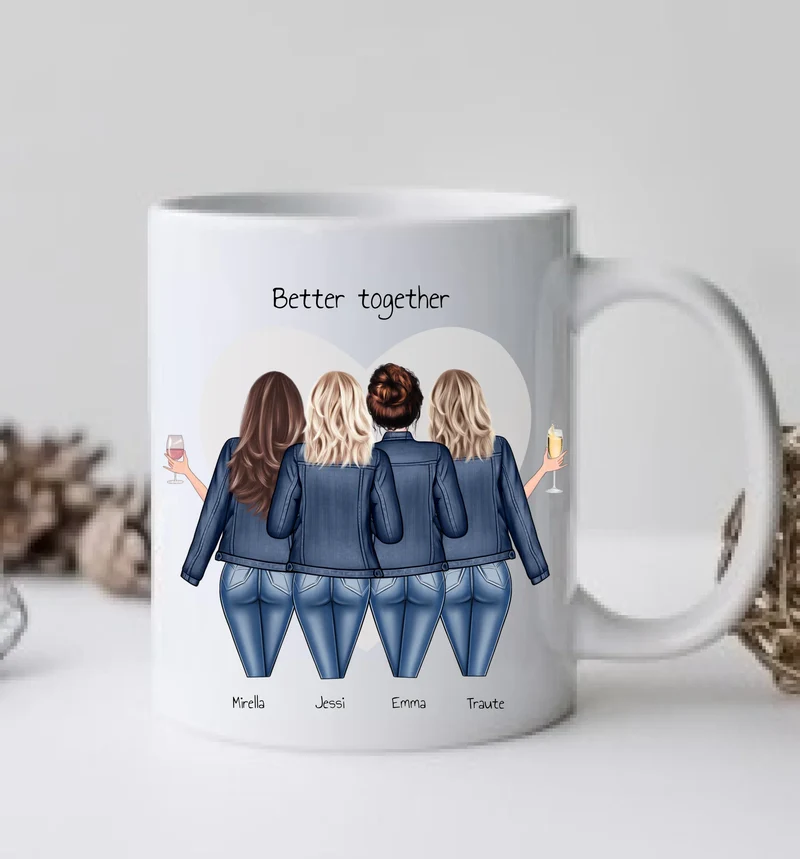 Personalisierte Tasse für Beste Freundin - 4 Freundinnen mit Namen und Motiv
