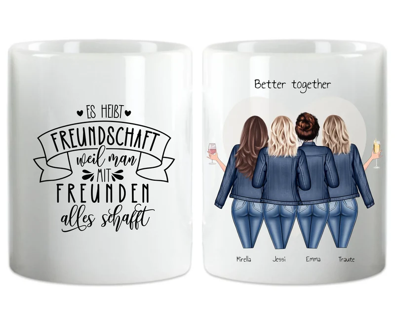 Personalisierte Tasse für Beste Freundin - 4 Freundinnen mit Namen und Motiv