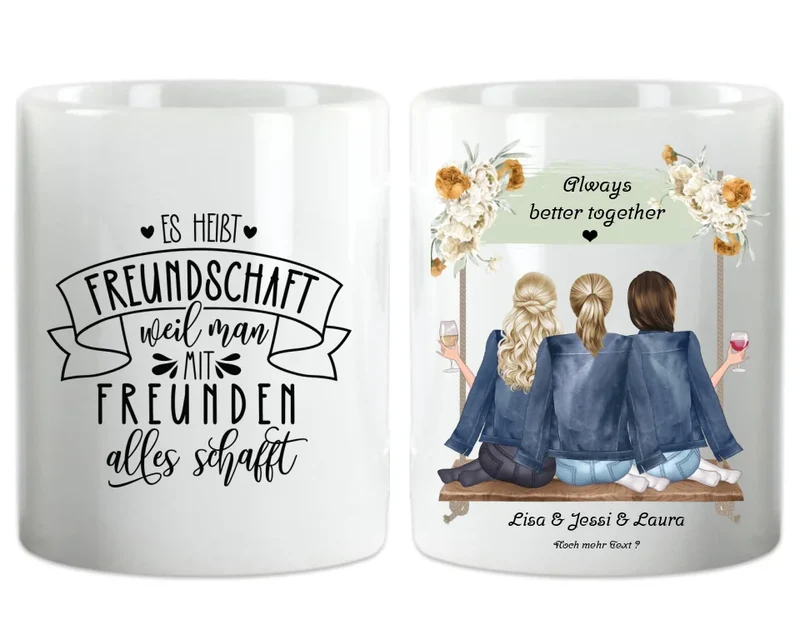 Geschenk 3 beste Freundinnen auf der Schaukel personalisierte Tasse mit Spruch, Geburtstagsgeschenk