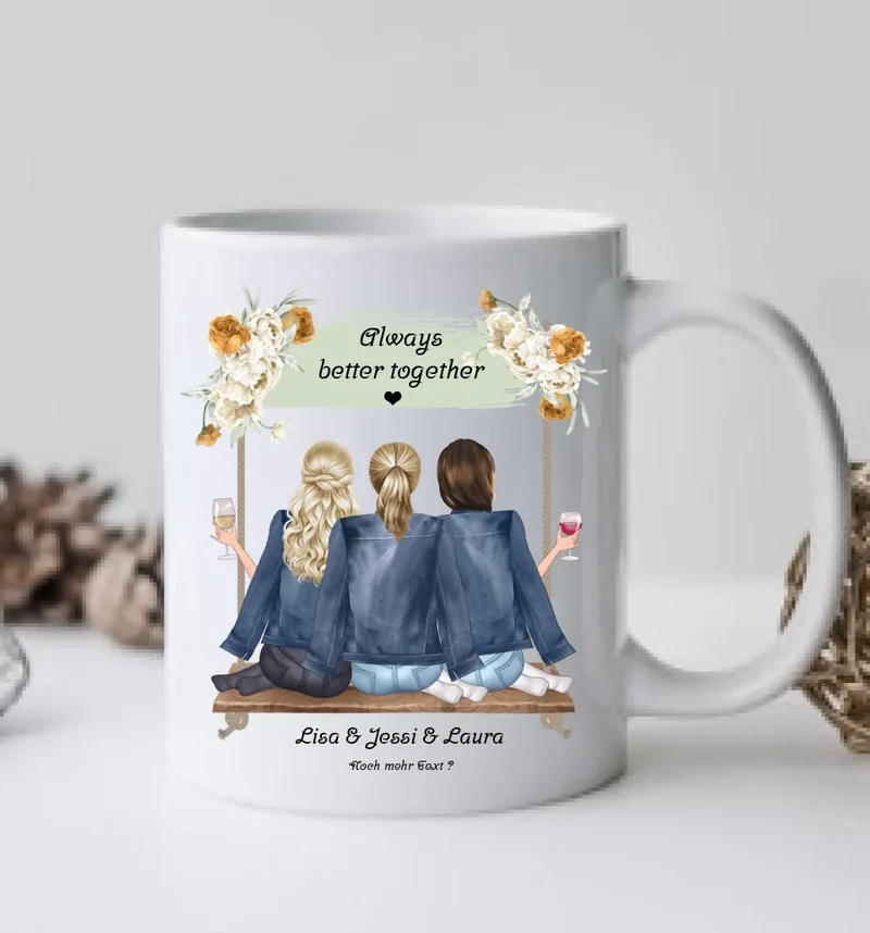 Geschenk 3 beste Freundinnen auf der Schaukel personalisierte Tasse mit Spruch, Geburtstagsgeschenk