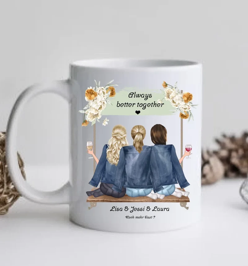 Geschenk 3 beste Freundinnen auf der Schaukel personalisierte Tasse mit Spruch, Geburtstagsgeschenk