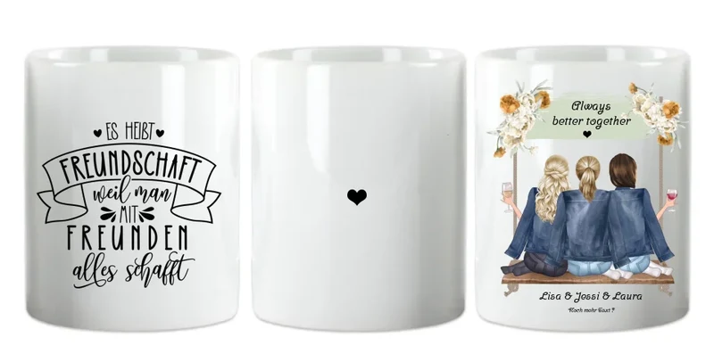 Geschenk 3 beste Freundinnen auf der Schaukel personalisierte Tasse mit Spruch, Geburtstagsgeschenk