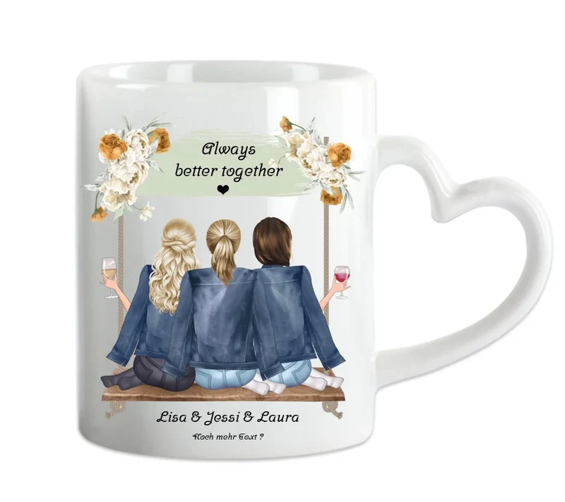 Geschenk 3 beste Freundinnen auf der Schaukel personalisierte Tasse mit Spruch, Geburtstagsgeschenk