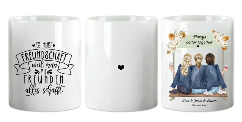 Geschenk 3 beste Freundinnen auf der Schaukel personalisierte Tasse mit Spruch, Geburtstagsgeschenk