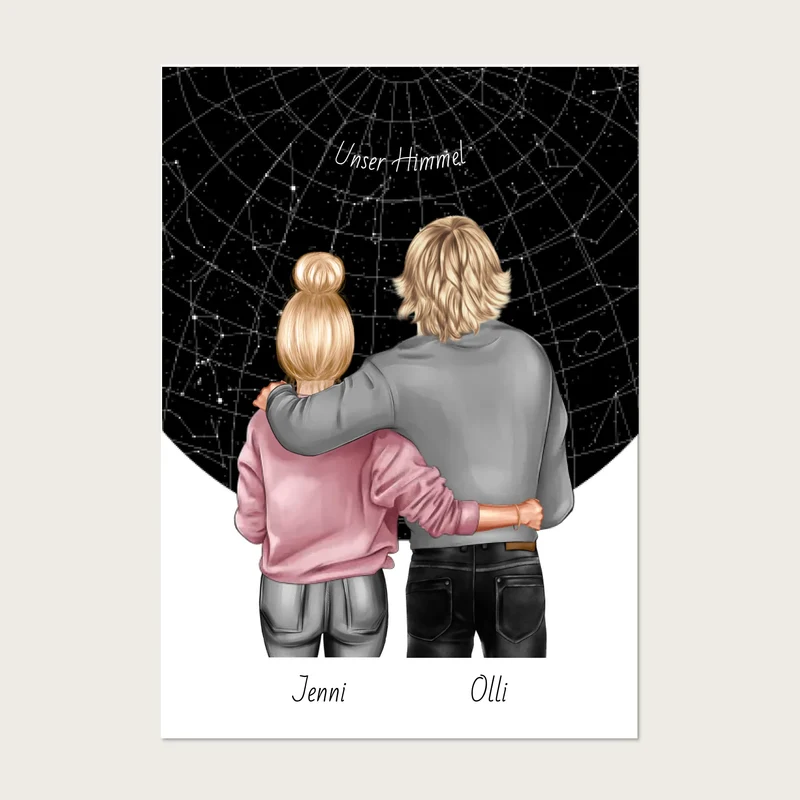 Personalisiertes Poster Geschenk Freundin / Freund - Paar Bild mit Stadtkarte / Sternenkarte - Geburtstagsgeschenk, Weihnachtsgeschenk