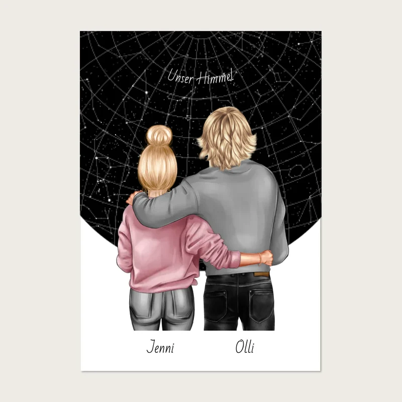 Personalisiertes Poster Geschenk Freundin / Freund - Paar Bild mit Stadtkarte / Sternenkarte - Geburtstagsgeschenk, Weihnachtsgeschenk