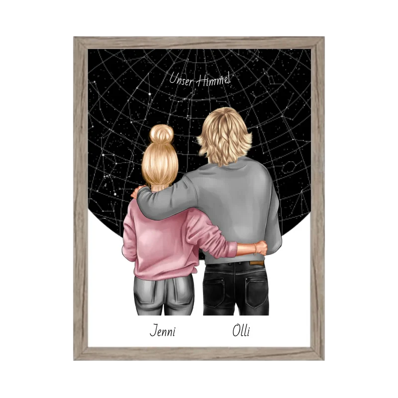 Personalisiertes Poster Geschenk Freundin / Freund - Paar Bild mit Stadtkarte / Sternenkarte - Geburtstagsgeschenk, Weihnachtsgeschenk