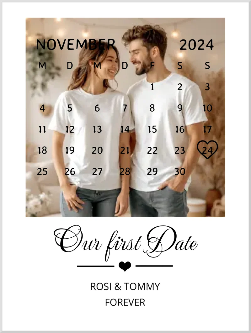 "OUR FIRST DATE" Kalender Fotoposter für Paare | Geschenk Valentinstag | Hochzeitstag | Jahrestag