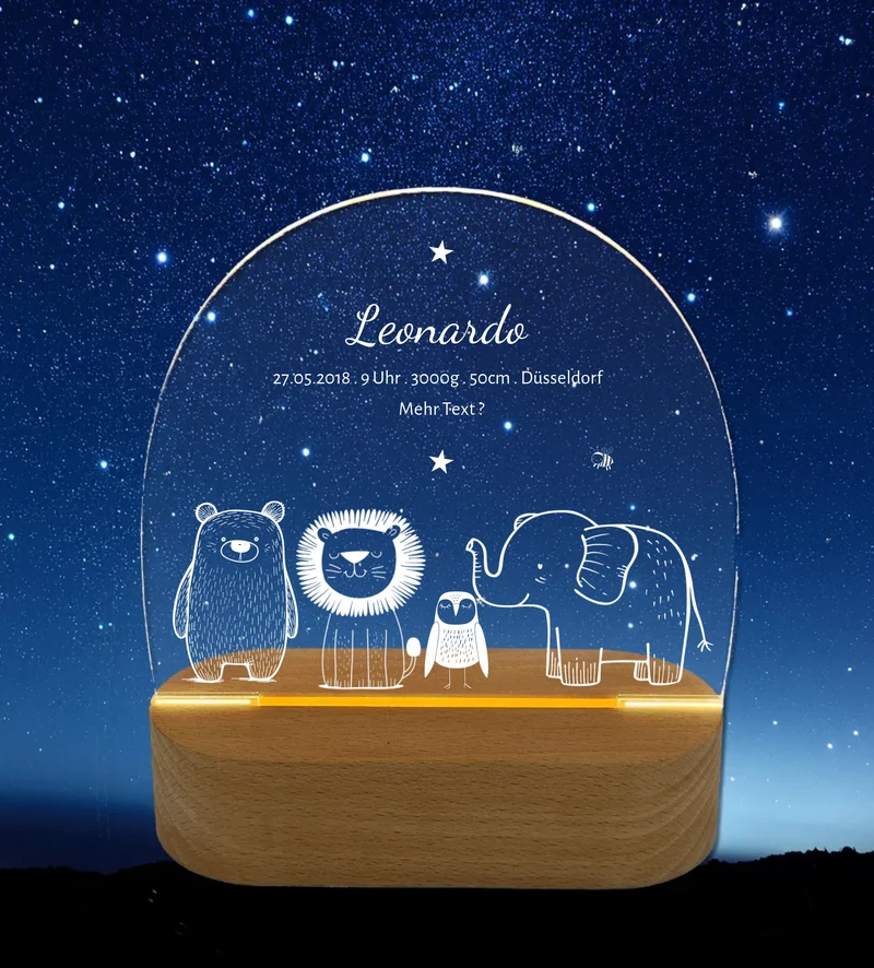 Personalisiertes Baby & Kinder LED Nachtlicht Safari Tiere mit Namen & Geburtsdaten Geburtsgeschenk & Taufgeschenk