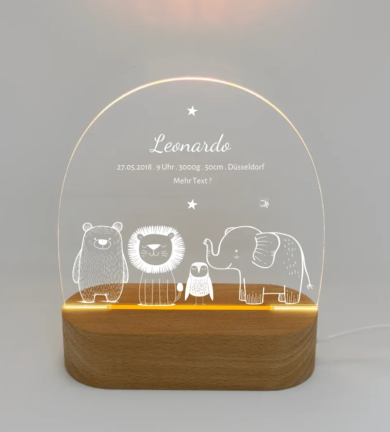 Personalisiertes Baby & Kinder LED Nachtlicht Safari Tiere mit Namen & Geburtsdaten Geburtsgeschenk & Taufgeschenk