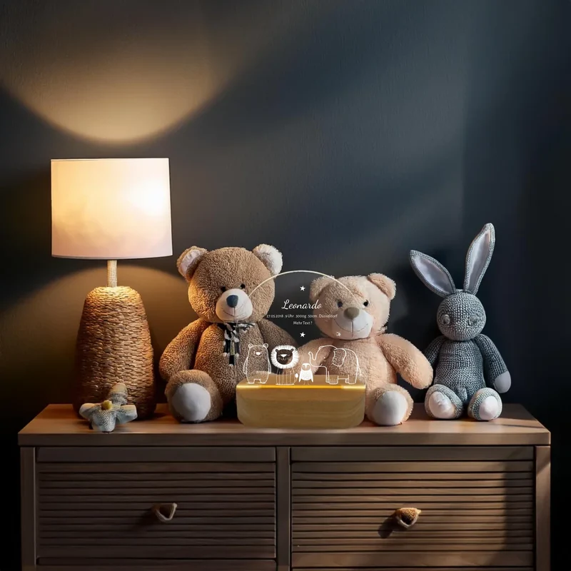 Personalisiertes Baby & Kinder LED Nachtlicht Safari Tiere mit Namen & Geburtsdaten Geburtsgeschenk & Taufgeschenk