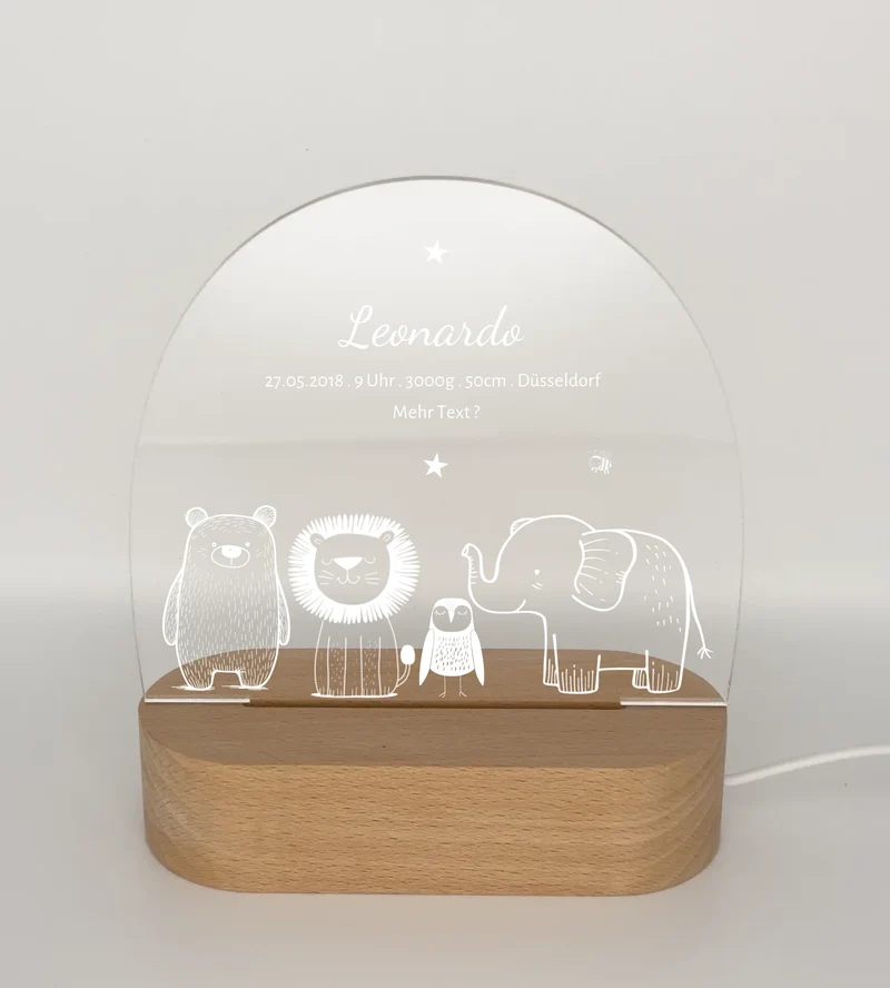 Personalisiertes Baby & Kinder LED Nachtlicht Safari Tiere mit Namen & Geburtsdaten Geburtsgeschenk & Taufgeschenk
