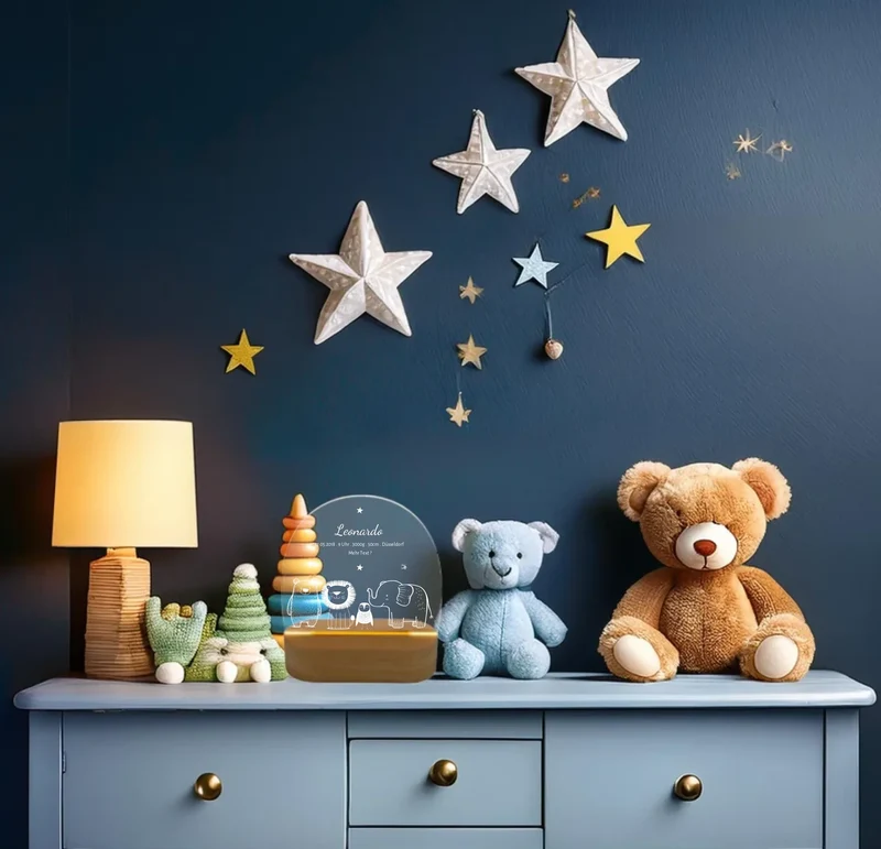 Personalisiertes Baby & Kinder LED Nachtlicht Safari Tiere mit Namen & Geburtsdaten Geburtsgeschenk & Taufgeschenk