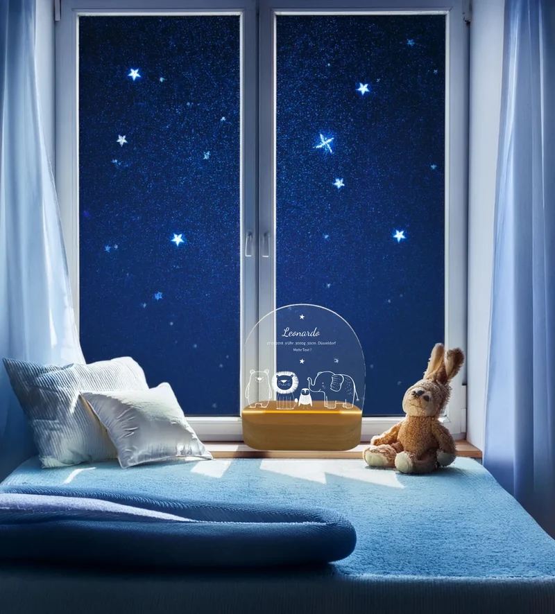 Personalisiertes Baby & Kinder LED Nachtlicht Safari Tiere mit Namen & Geburtsdaten Geburtsgeschenk & Taufgeschenk