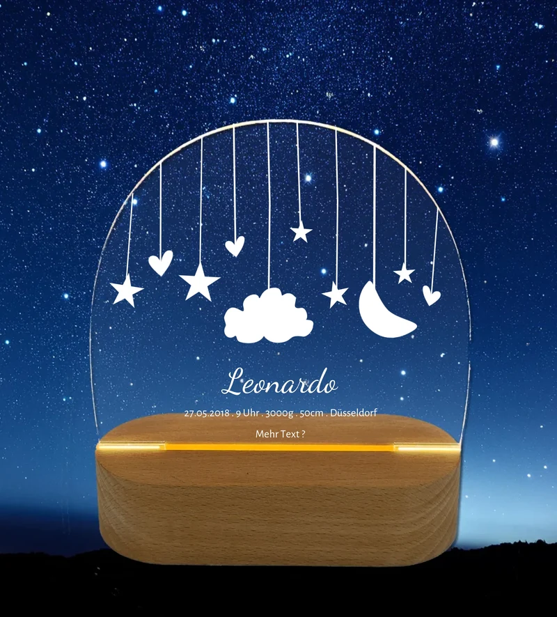 Geburtsanzeige personalisiert Baby LED Nachtlicht "Mond & Sterne" | Geburtsgeschenk & Taufgeschenk
