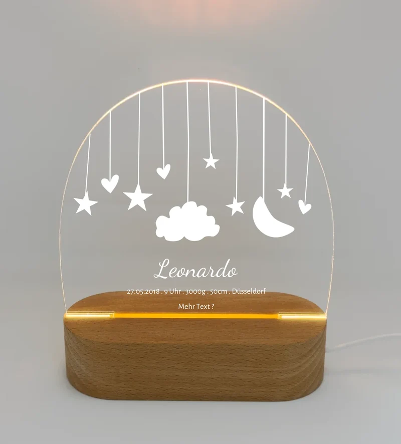 Geburtsanzeige personalisiert Baby LED Nachtlicht "Mond & Sterne" | Geburtsgeschenk & Taufgeschenk
