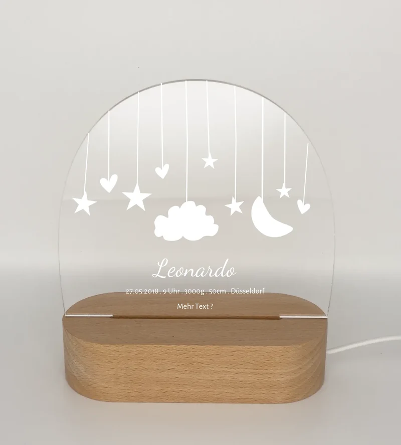Geburtsanzeige personalisiert Baby LED Nachtlicht "Mond & Sterne" | Geburtsgeschenk & Taufgeschenk