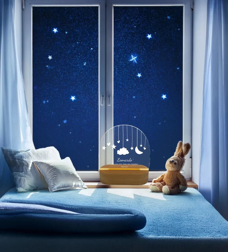 Geburtsanzeige personalisiert Baby LED Nachtlicht "Mond & Sterne" | Geburtsgeschenk & Taufgeschenk