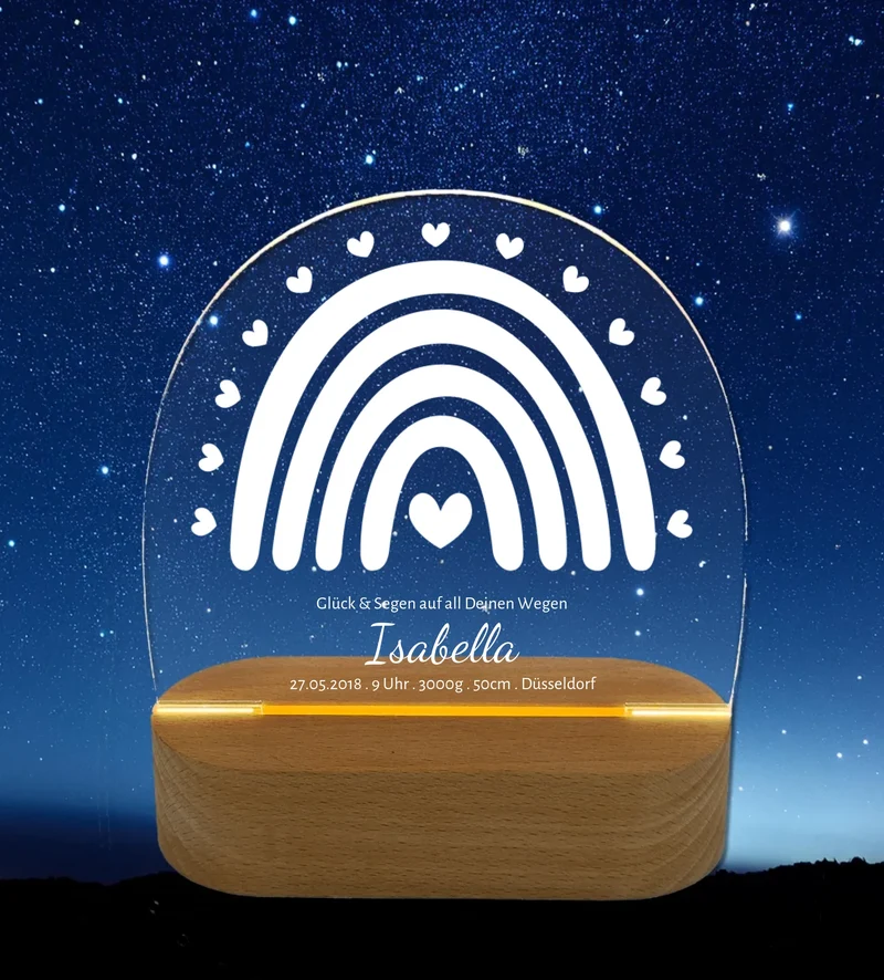 Geburtsanzeige personalisiert Baby LED Nachtlicht Regenbogen | Geburtsgeschenk & Taufgeschenk