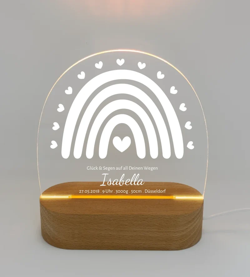 Geburtsanzeige personalisiert Baby LED Nachtlicht Regenbogen | Geburtsgeschenk & Taufgeschenk