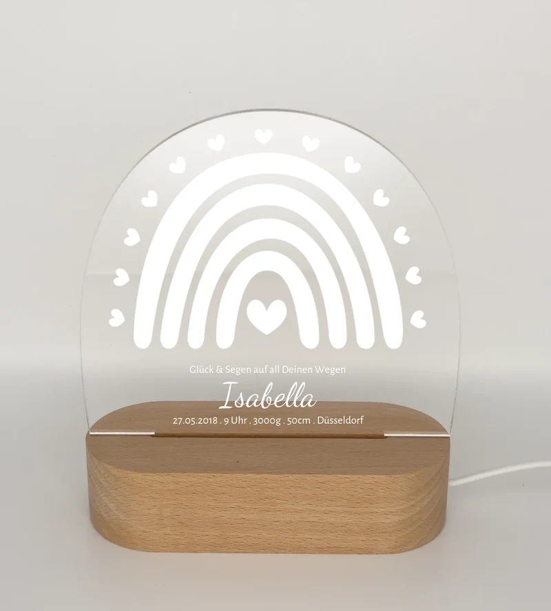 Geburtsanzeige personalisiert Baby LED Nachtlicht Regenbogen | Geburtsgeschenk & Taufgeschenk
