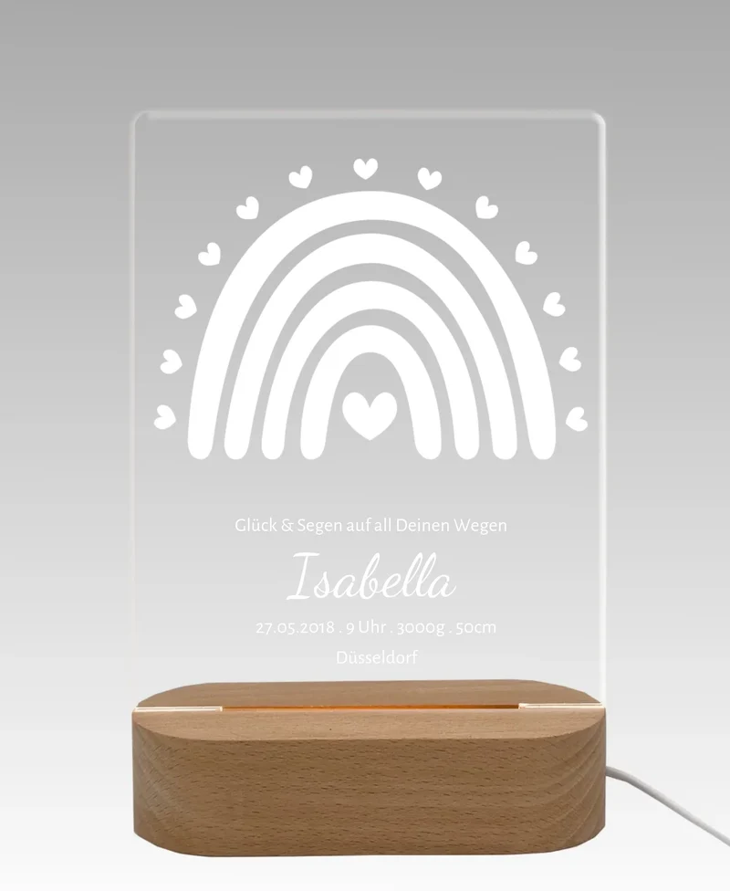 Personalisiertes Acryl Nachtlicht für Babys | Geburtsanzeige Regenbogen Geschenk zur Geburt & Taufe weiß