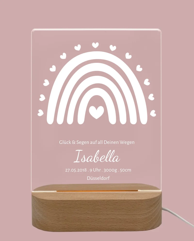 Personalisiertes Acryl Nachtlicht für Babys | Geburtsanzeige Regenbogen Geschenk zur Geburt & Taufe weiß