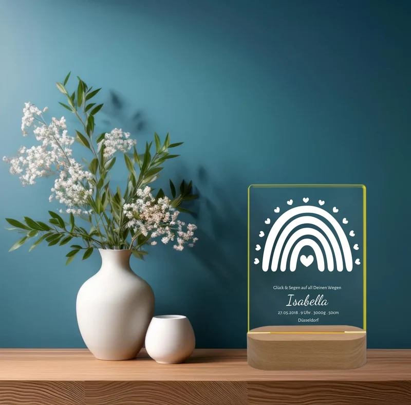 Personalisiertes Acryl Nachtlicht für Babys | Geburtsanzeige Regenbogen Geschenk zur Geburt & Taufe weiß
