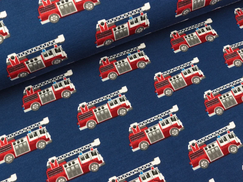 Reststück 34cm - Baumwolljersey Fire Truck dunkelblau