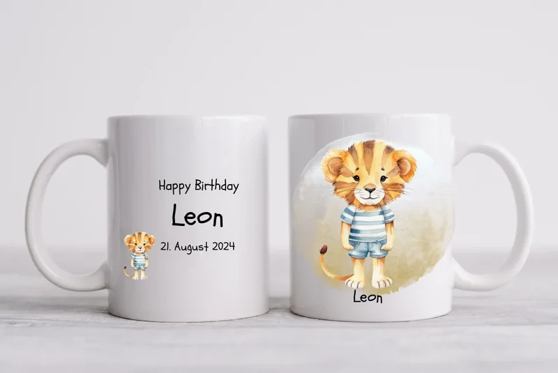 Kindertasse Geschenk Geburtstag Mädchen / Junge Kinderbecher Löwe personalisiert | Weihnachtsgeschenk