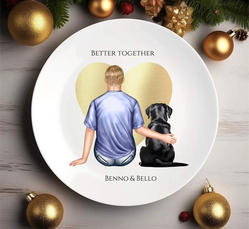 Geschenk Mann / Freund mit Hund - personalisierter Teller für Hundebesitzer mit Name - Geburtstagsgeschenk - Weihnachtsgeschenk