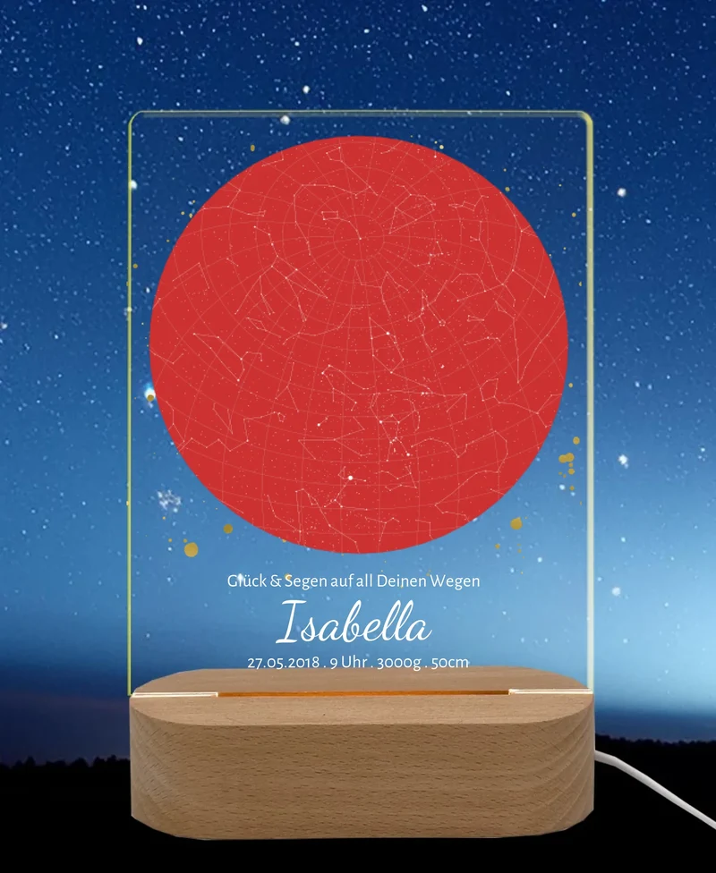Personalisiertes Acryl Nachtlicht für Babys | Sternenkarte Geschenk zur Geburt & Taufe mit Namen & Geburtsdaten rot