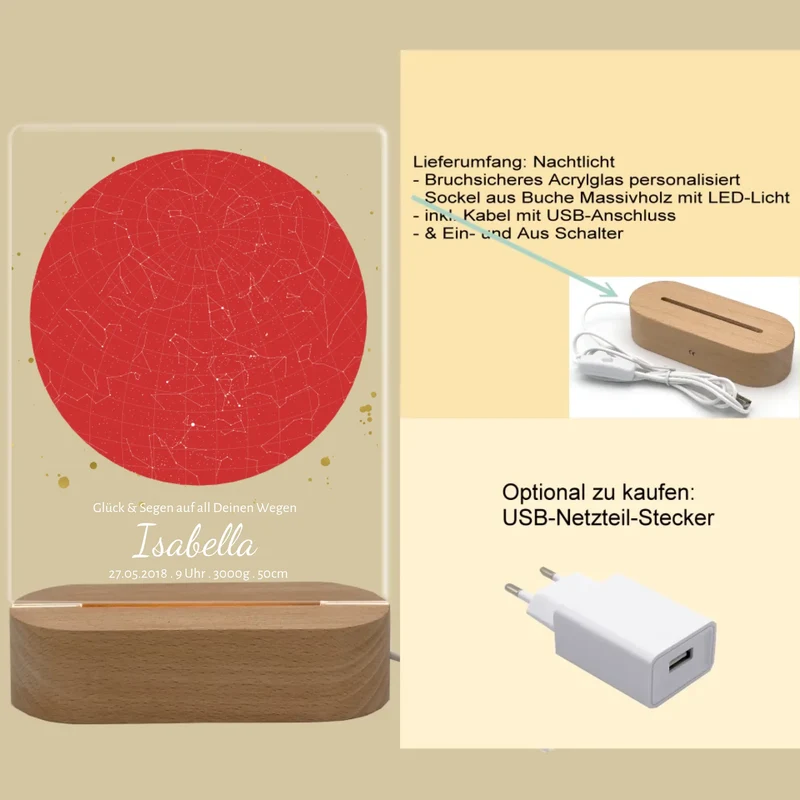 Personalisiertes Acryl Nachtlicht für Babys | Sternenkarte Geschenk zur Geburt & Taufe mit Namen & Geburtsdaten rot