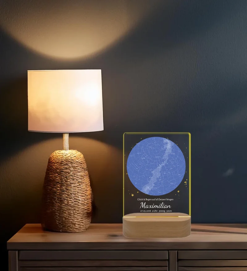 Personalisiertes Acryl Nachtlicht für Babys | Sternenkarte Geschenk zur Geburt & Taufe mit Namen & Geburtsdaten blau