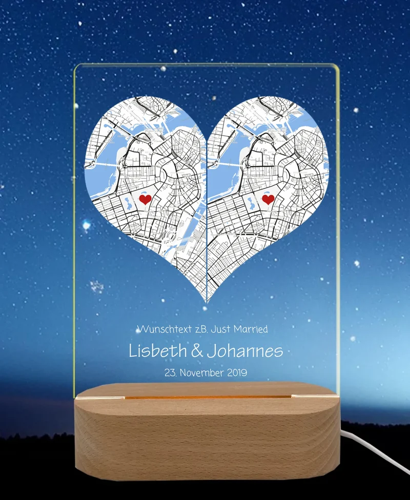 Personalisiertes LED Licht ''Wo alles begann'' | Valentinstag Geschenk | Hochzeitsgeschenk 2 Herzen | Nachtlicht