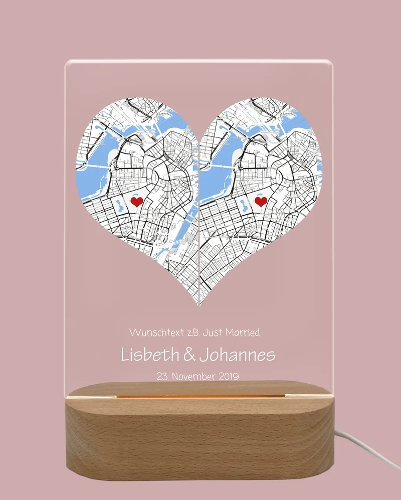 Personalisiertes LED Licht ''Wo alles begann'' | Valentinstag Geschenk | Hochzeitsgeschenk 2 Herzen | Nachtlicht