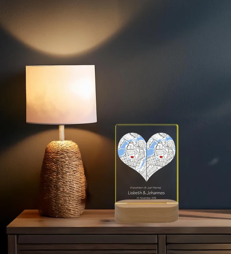 Personalisiertes LED Licht ''Wo alles begann'' | Valentinstag Geschenk | Hochzeitsgeschenk 2 Herzen | Nachtlicht