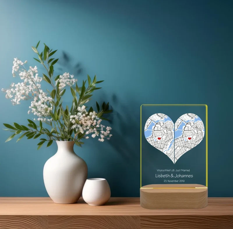 Personalisiertes LED Licht ''Wo alles begann'' | Valentinstag Geschenk | Hochzeitsgeschenk 2 Herzen | Nachtlicht
